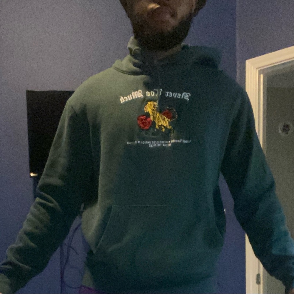 Forest green “never too much” hoodie